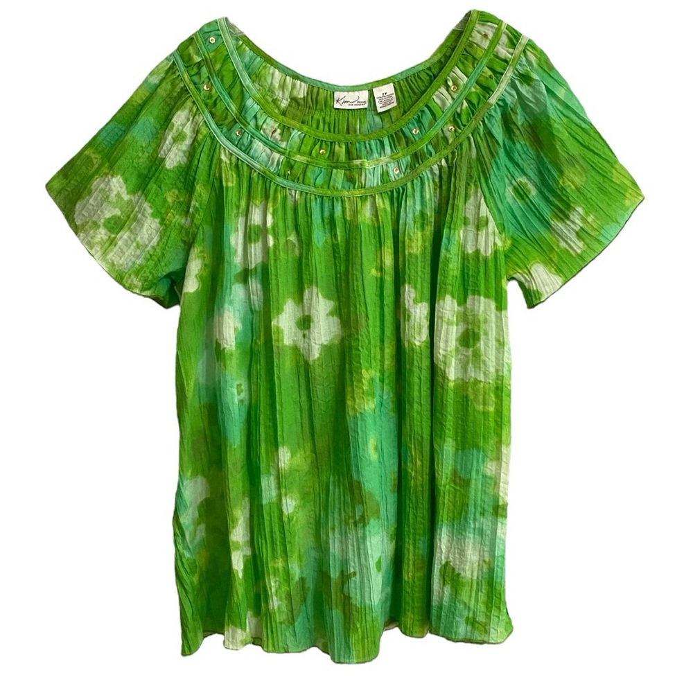 KIM ROGERS Floral Greens Crinkle Top Sz 2X